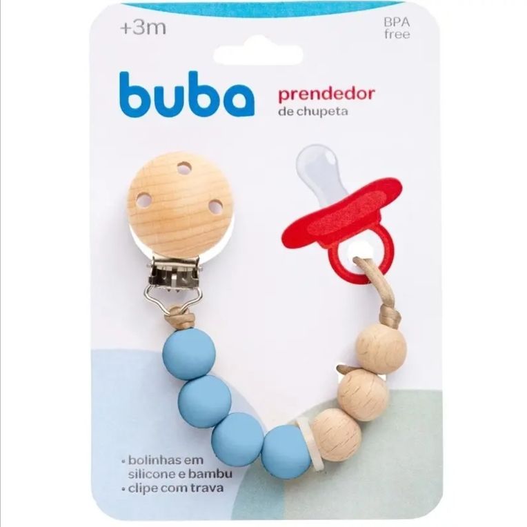 PRENDEDOR DE CHUPETA SILICONE E BAMBU AZUL 15645-BUBA