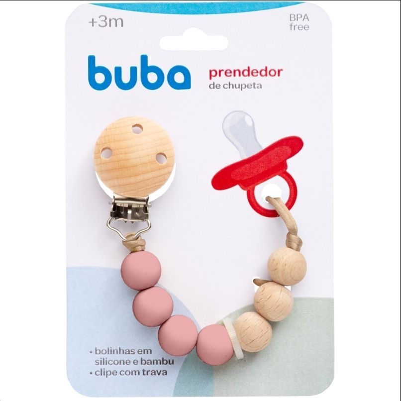 PRENDEDOR DE CHUPETA SILICONE E BAMBU ROSA 15646-BUBA