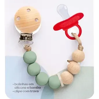 PRENDEDOR DE CHUPETA SILICONE E BAMBU VERDE - 15647 - BUBA